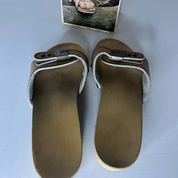 New Vintage Leather Dr. Scholl's Wooden Exercise Sandals Shoes Tan Wheat Sz 6 - Picture 9 of 11